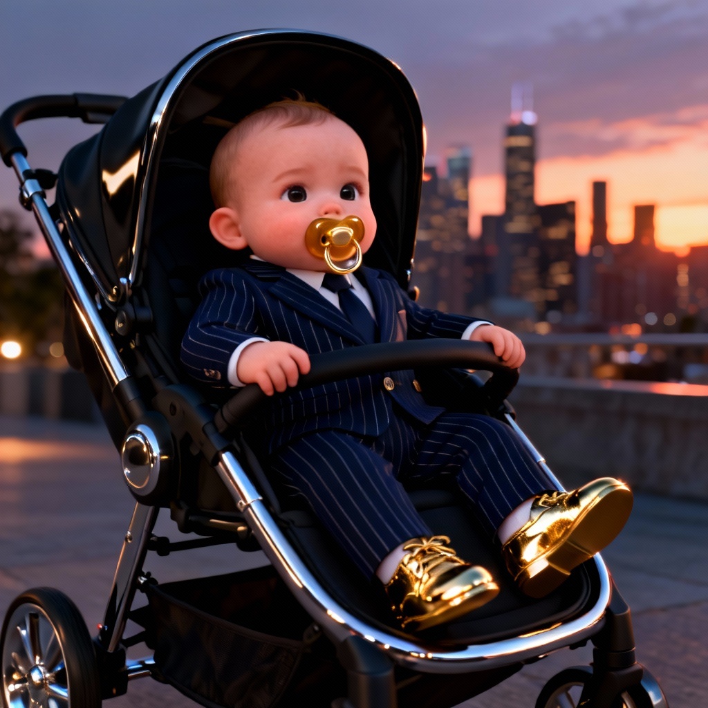 AI boss baby in pinstripe suit riding a stroller like a limousine