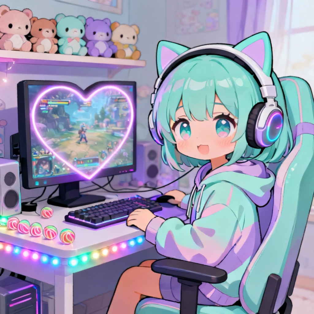 AI kawaii pastel gamer girl setup