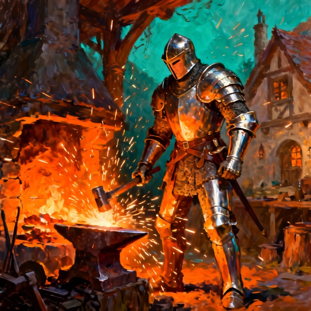 AI heroic blacksmith knight in a glowing forge
