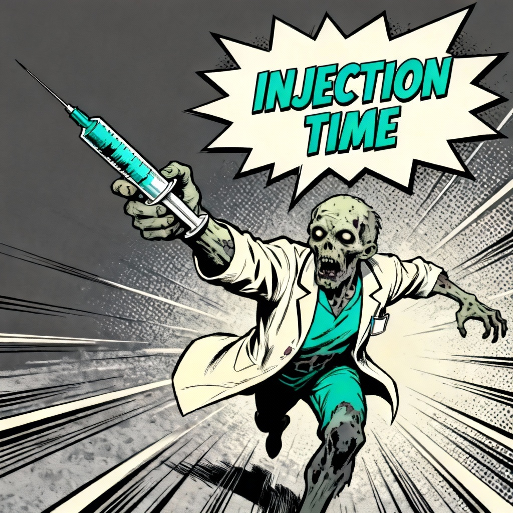 Comic book style zombie doctor panel with dynamic pose