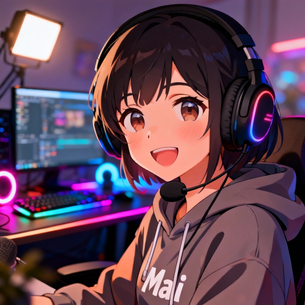 Casual streamer Mai avatar at desk with headset