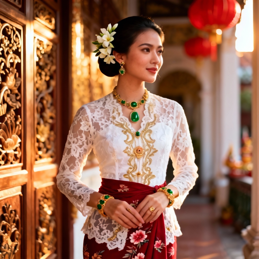 AI wedding nyonya kebaya with lace and crimson sarong