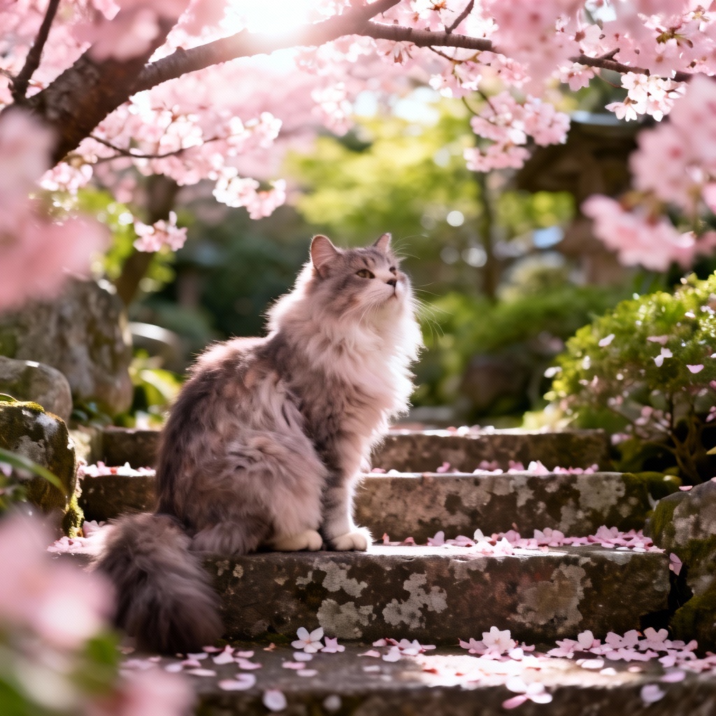 AI cherry blossom pet photo with cat in garden