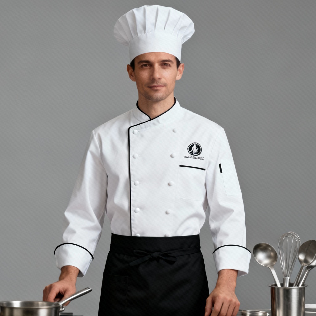 Executive chef coat with embroidered logo and toque