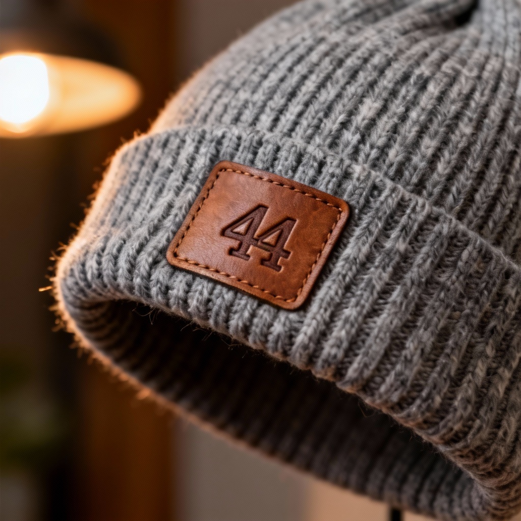 AI Beanie Mockup With Leather Patch