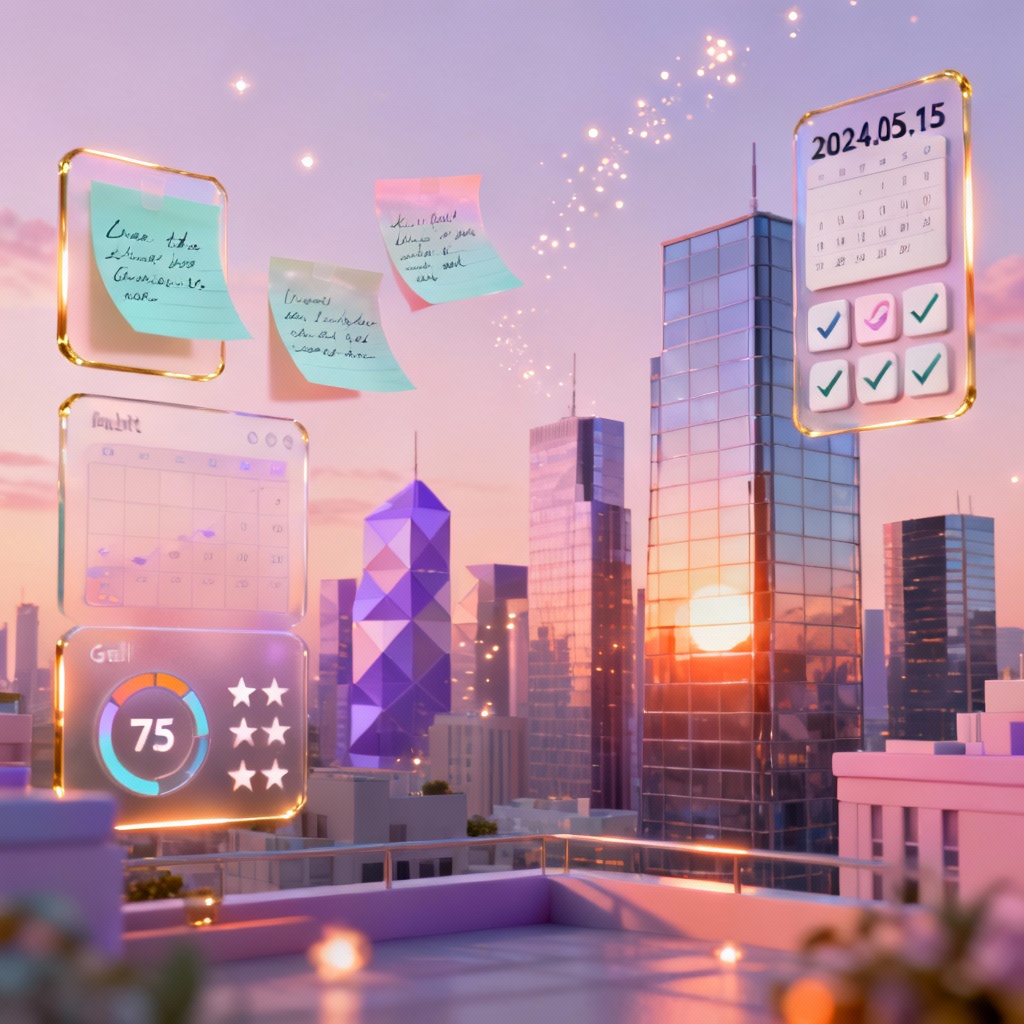 AI 2026 vision board sunrise concept with goals and habit icons