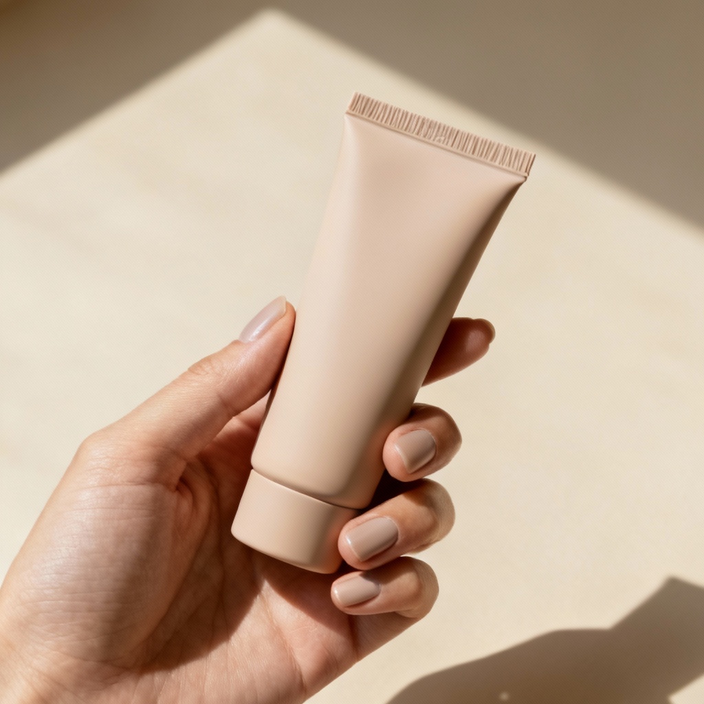 AI skincare tube held in hand mockup