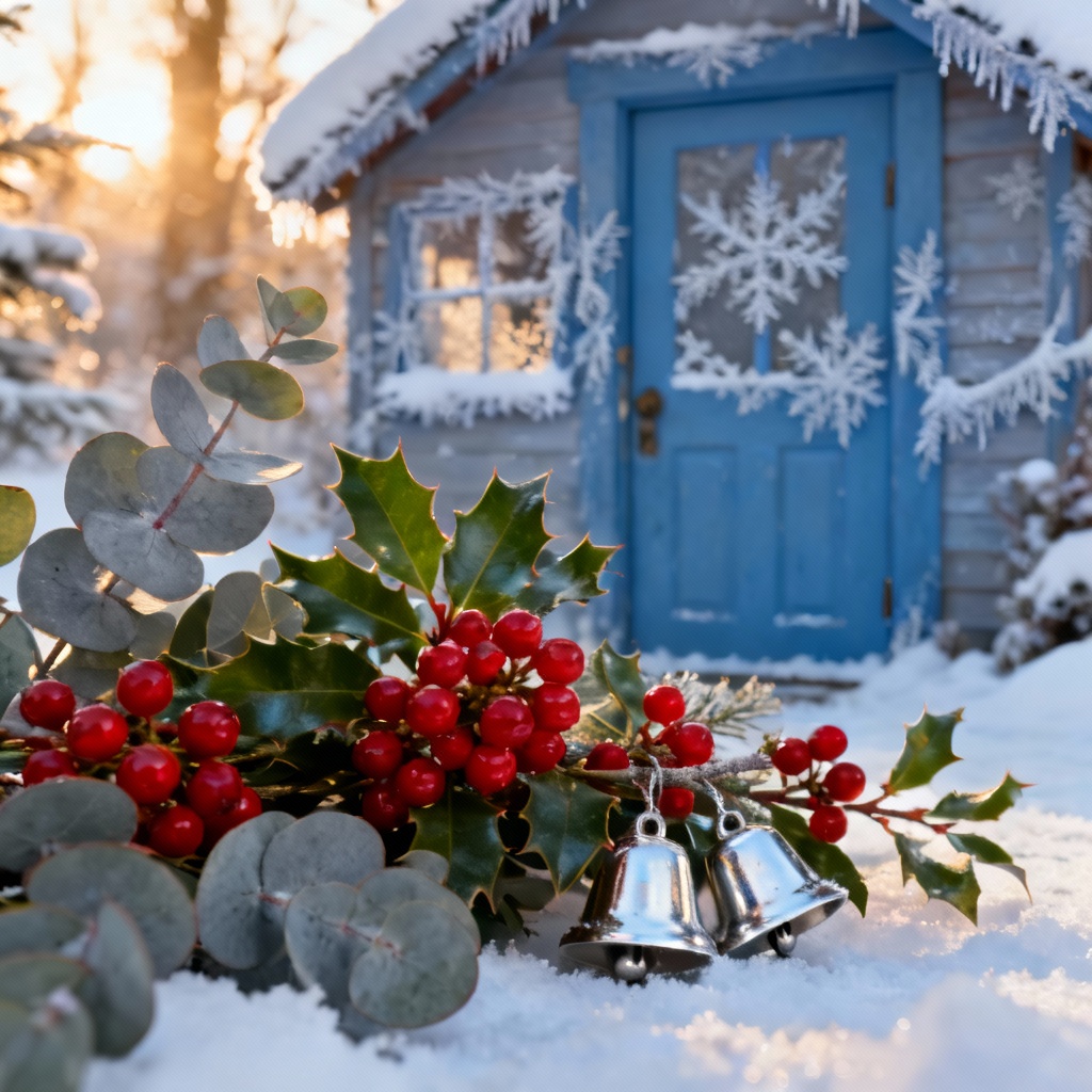 AI winter berry and eucalyptus Christmas wreath on snowy door