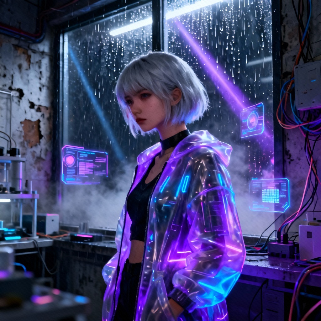 AI cyberpunk female hacker with holographic UI