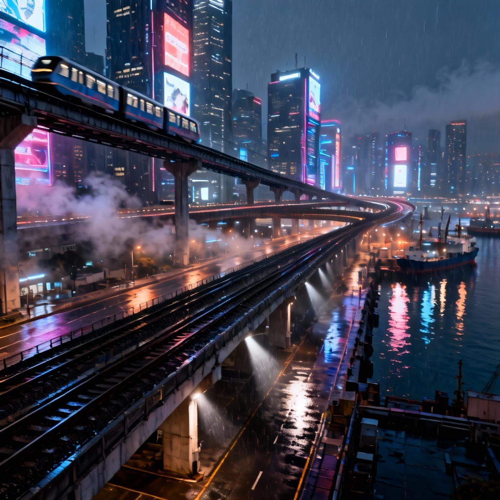 AI-generated cyberpunk harbor megacity skyline at night