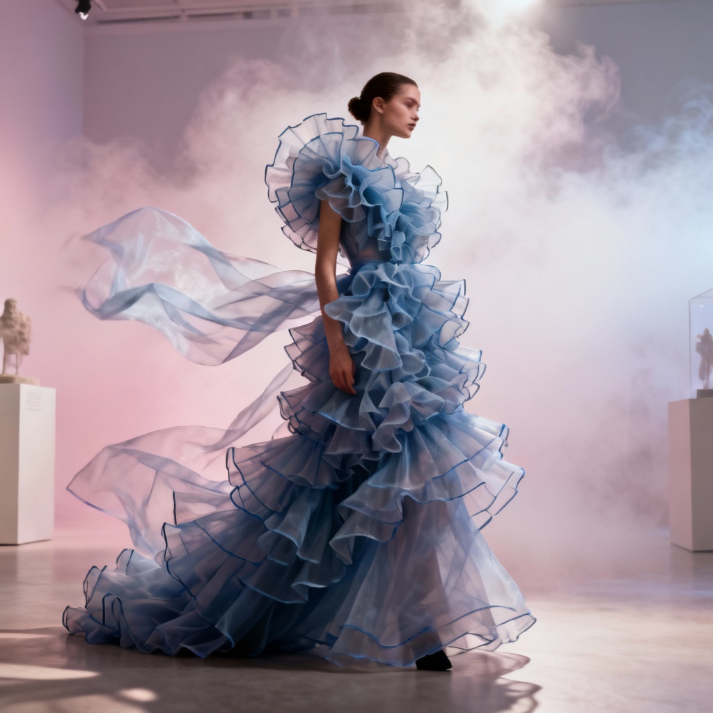AI organza flowing couture dress in pastel haze