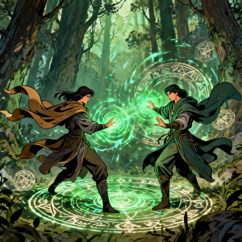 AI manhwa fantasy mage duel in an ancient forest