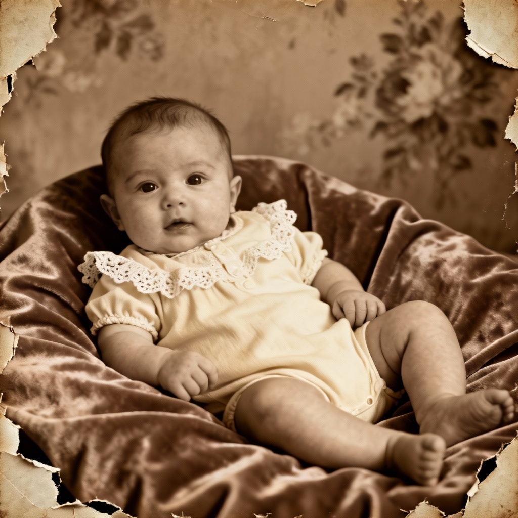 AI repaired torn vintage baby portrait
