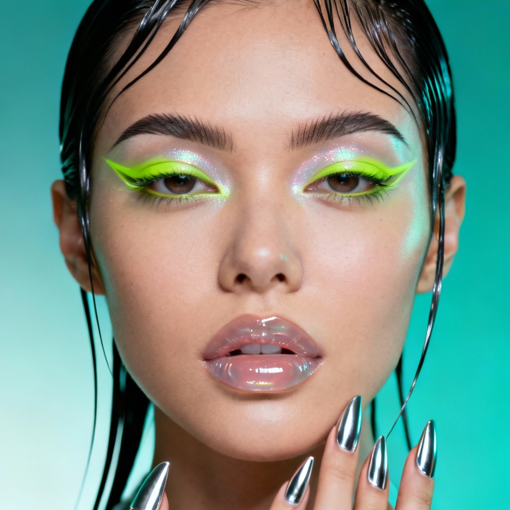 AI Y2K makeup neon lime inner corner and glass lips