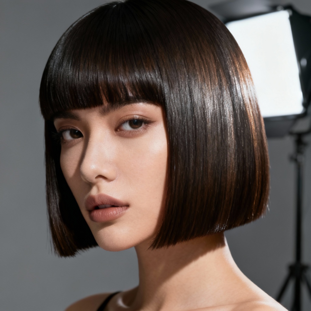 AI blunt bangs on sleek bob hairstyle