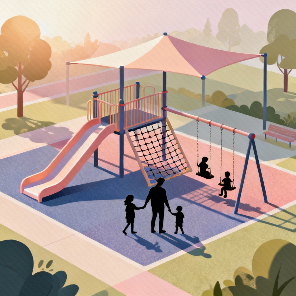 Bright family playground with slides and morning sun