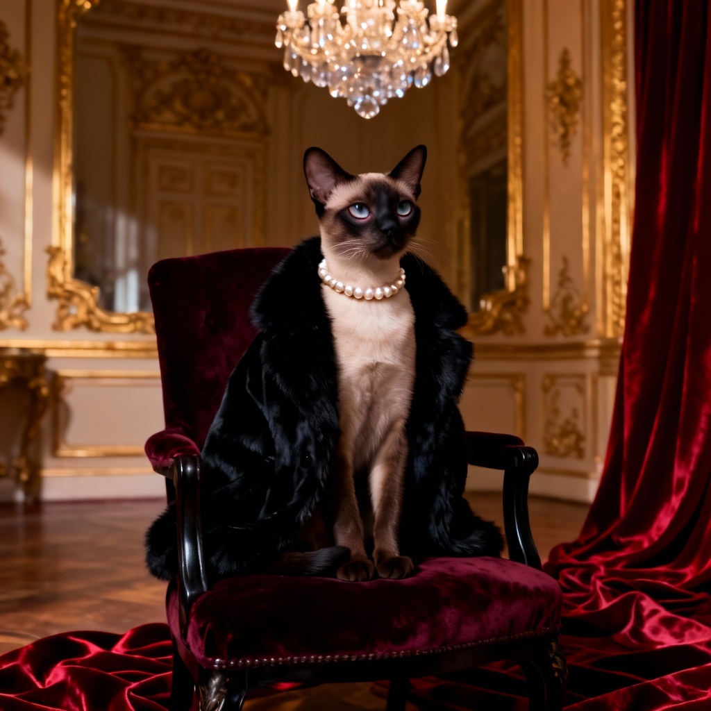 AI gangster Siamese cat in fur coat and pearls