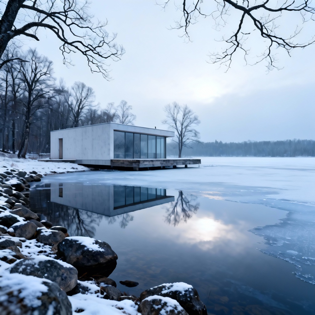 Minimal Scandinavian cabin near icy lake in early winter