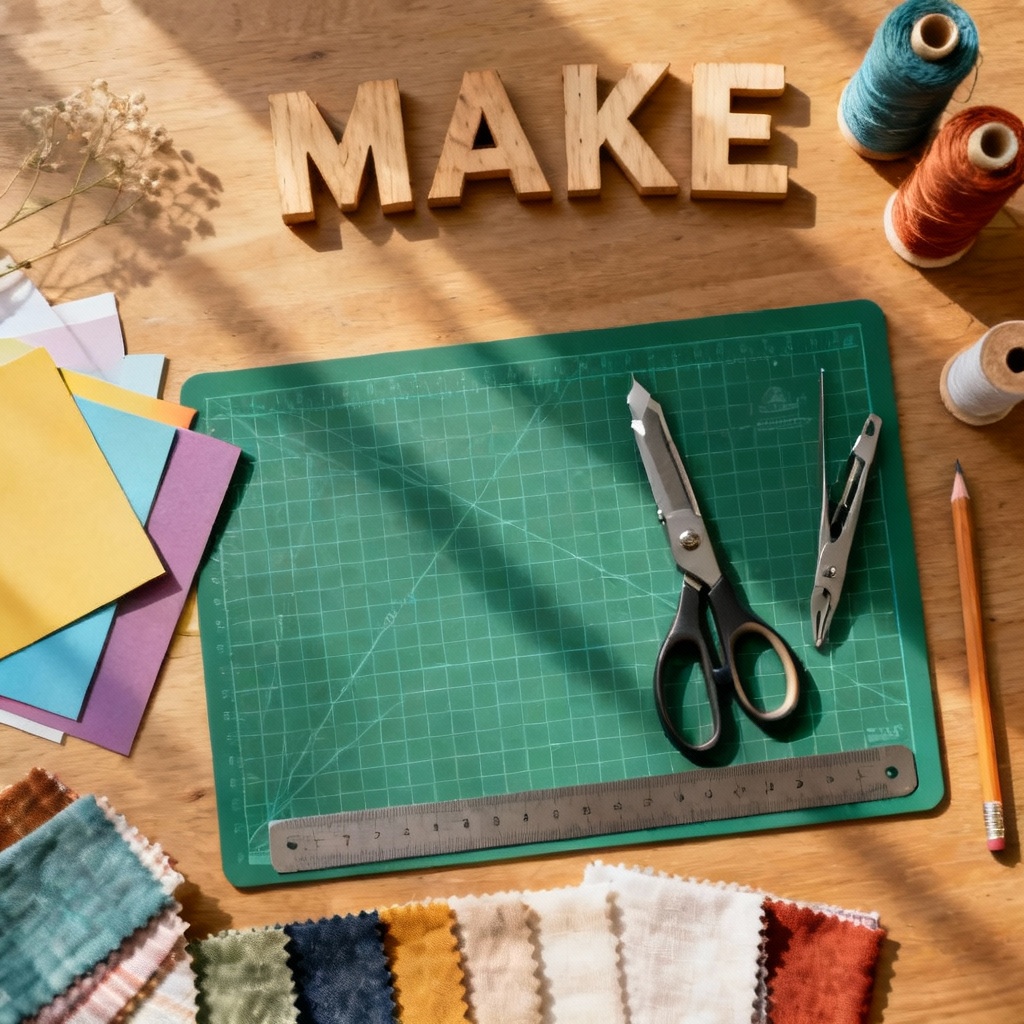 AI crafting workspace flat lay