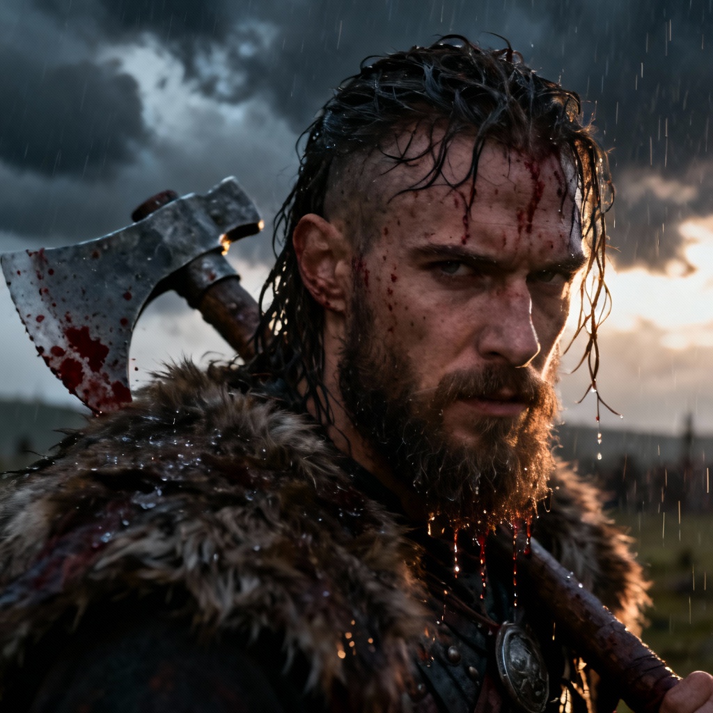 AI Viking warlord portrait in the rain