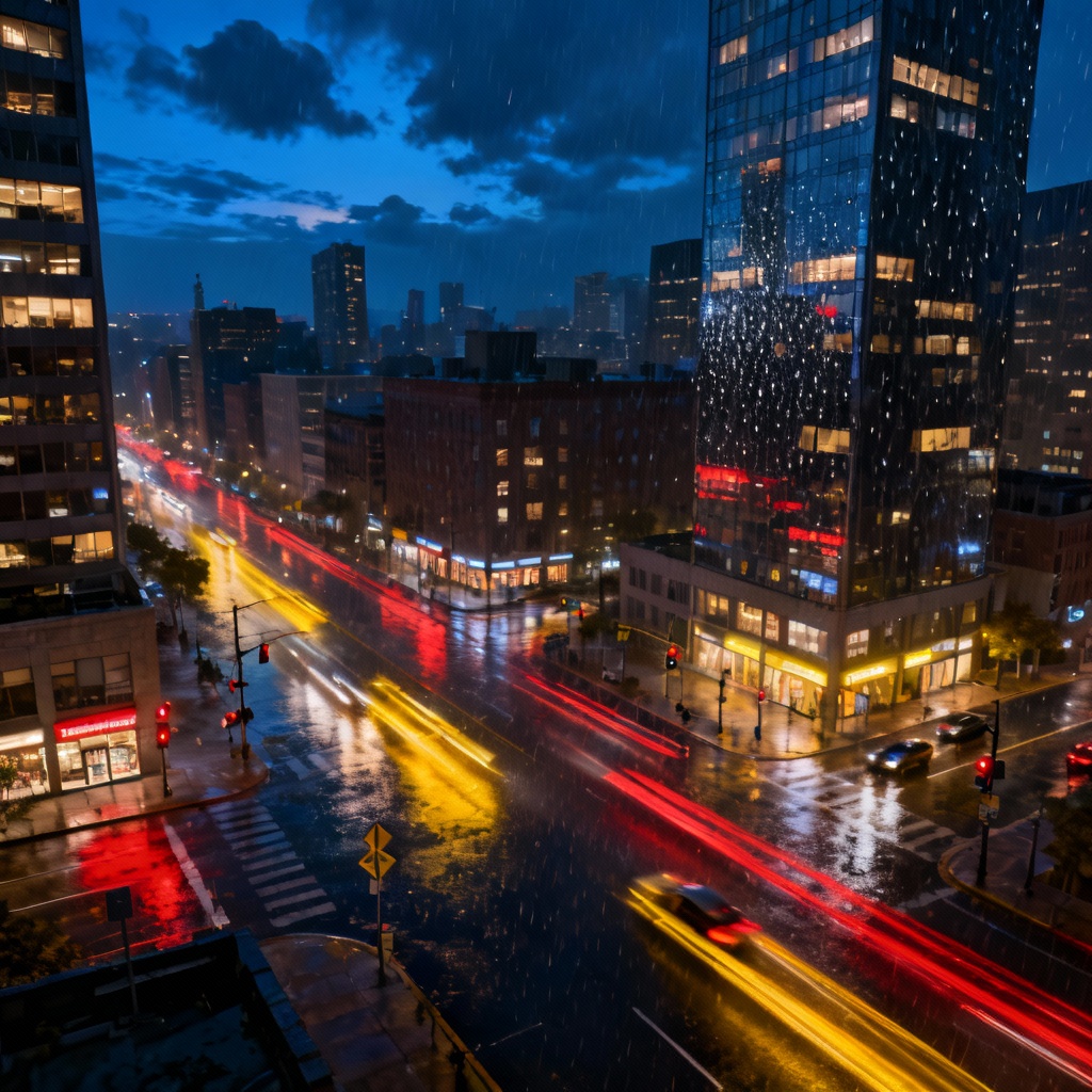 AI aerial night view of modern downtown in rain