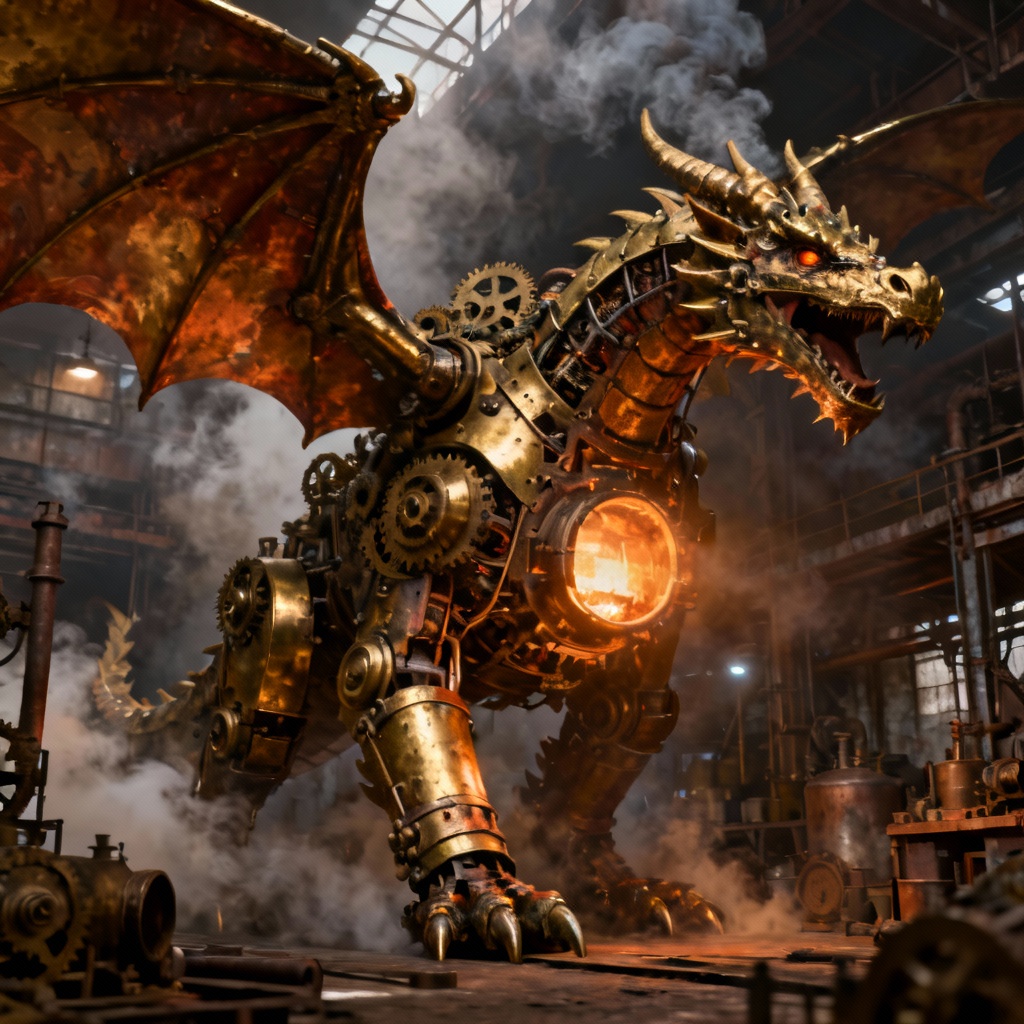 Steampunk mechanical dragon with brass and gears