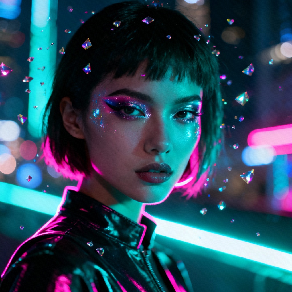 AI cyberpunk portrait with neon sparkles