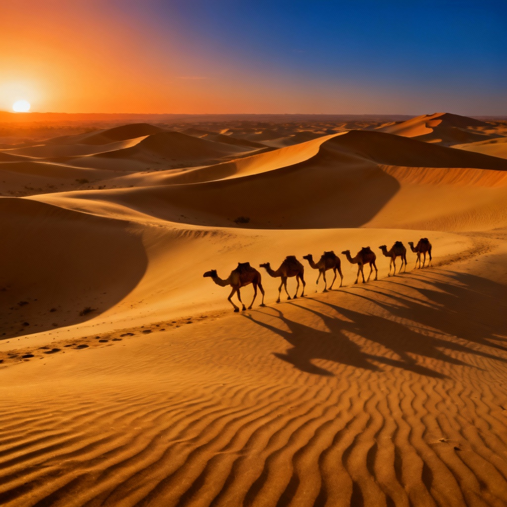 AI generated golden desert dunes at sunset with camel caravan