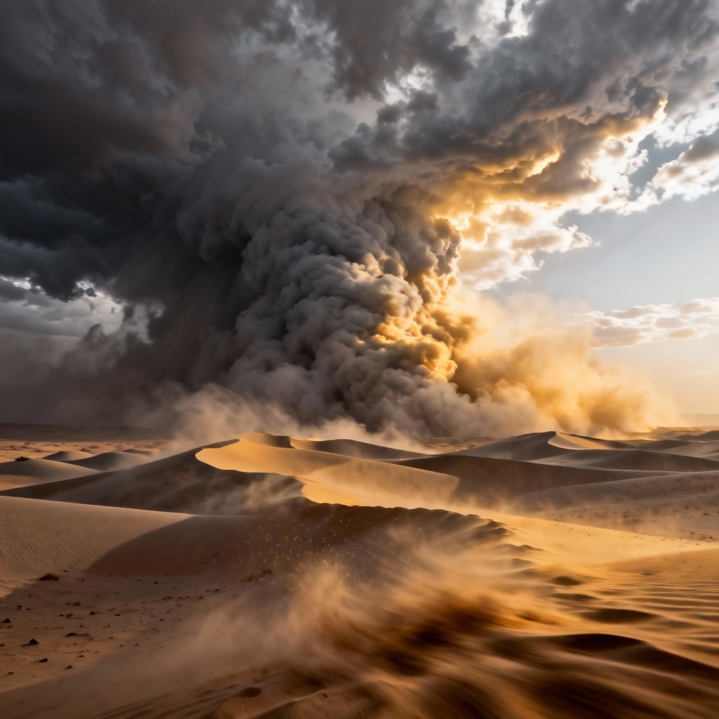 AI sandstorm sweeping over dunes