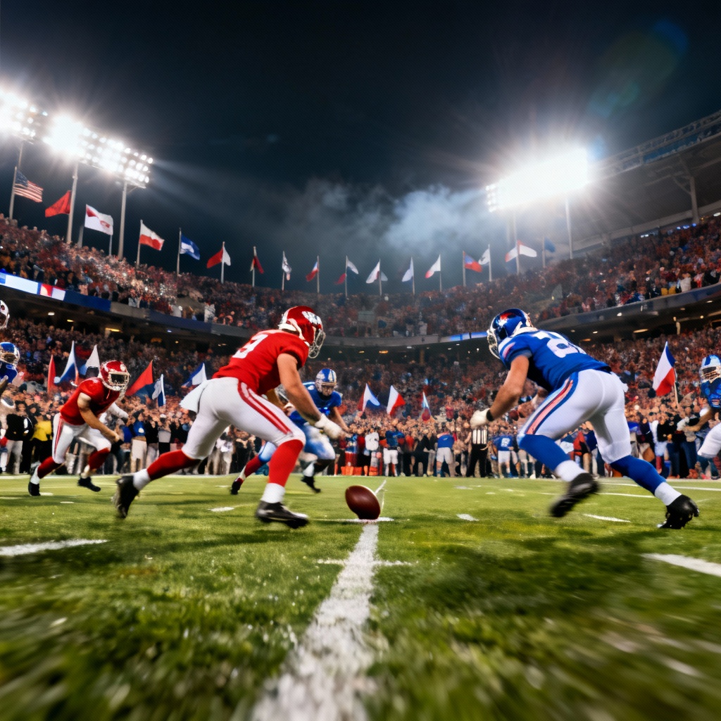AI-generated football kickoff scene under stadium lights