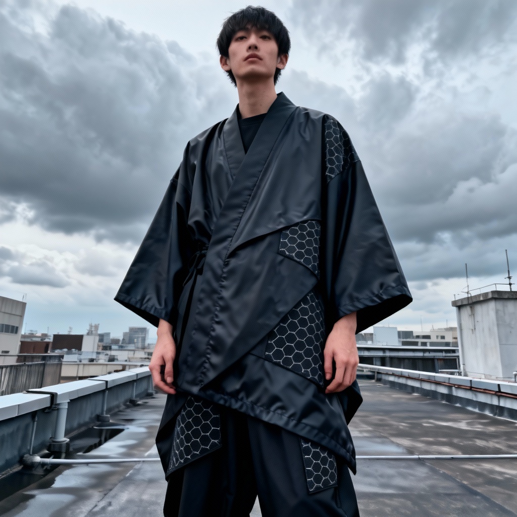 Minimalist techwear look featuring a matte black haori