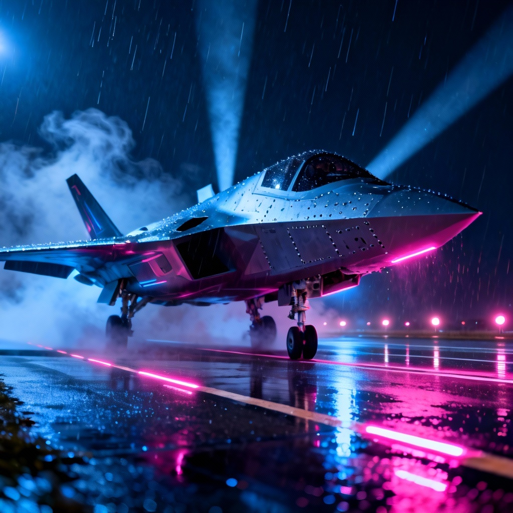 AI stealth fighter jet on wet runway at night