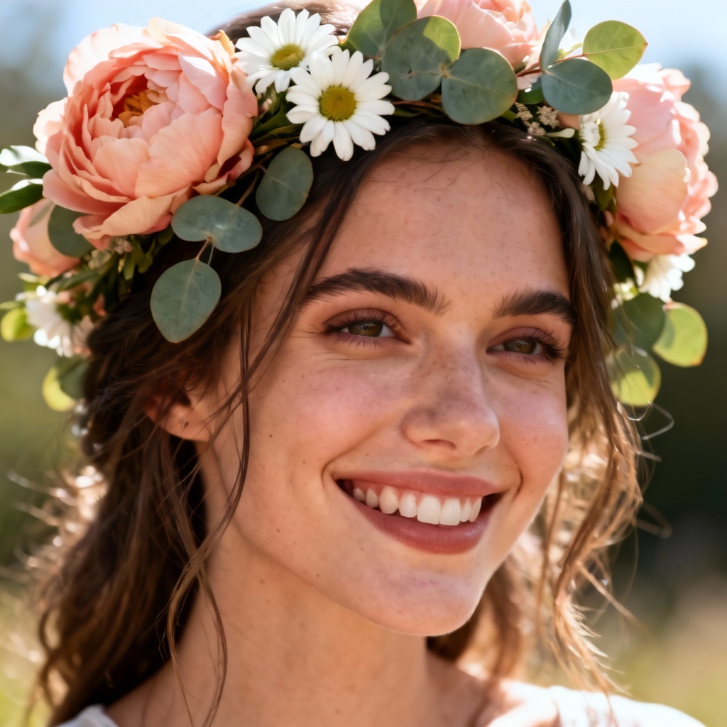 AI portrait with boho peony and daisy flower crown