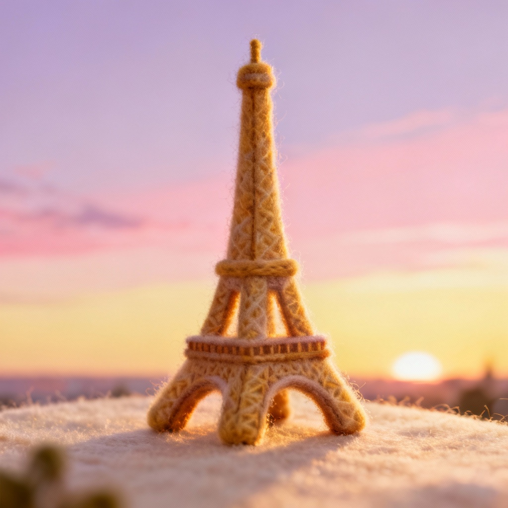 AI felted Eiffel Tower at sunset with wool texture