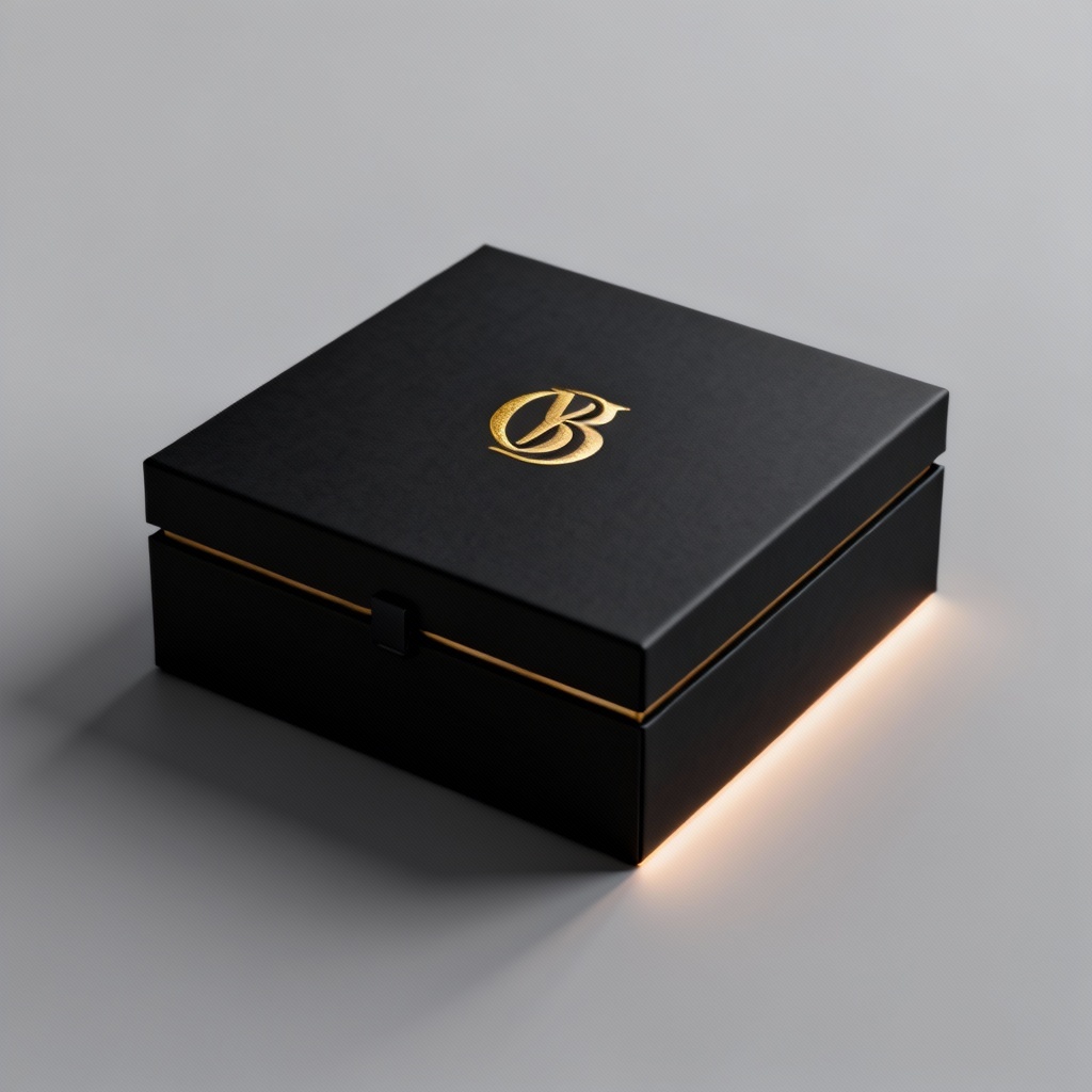 AI minimal black luxury gift box with gold foil logo