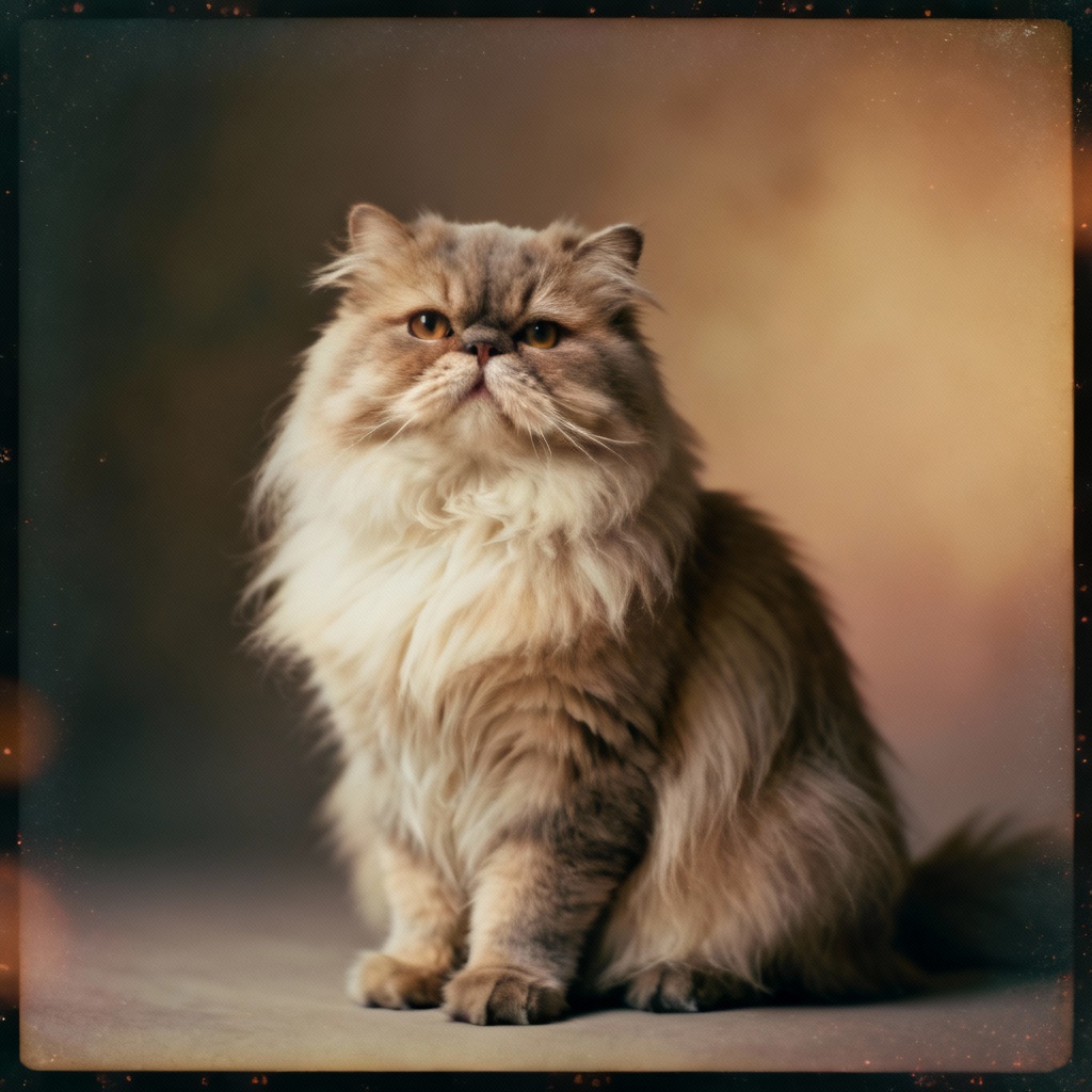 Vintage film-style AI cat portrait of a Persian cat