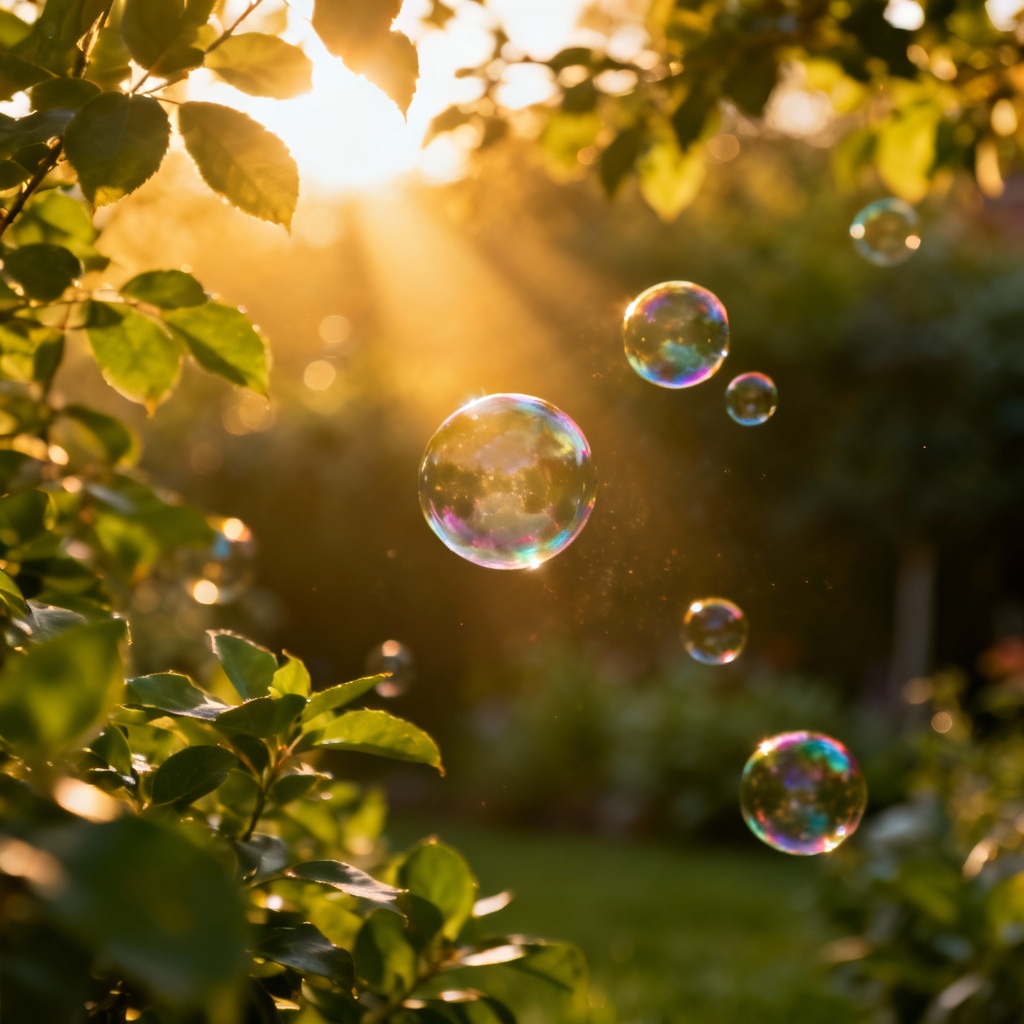 Sunlit garden photo with bokeh and floating bubbles