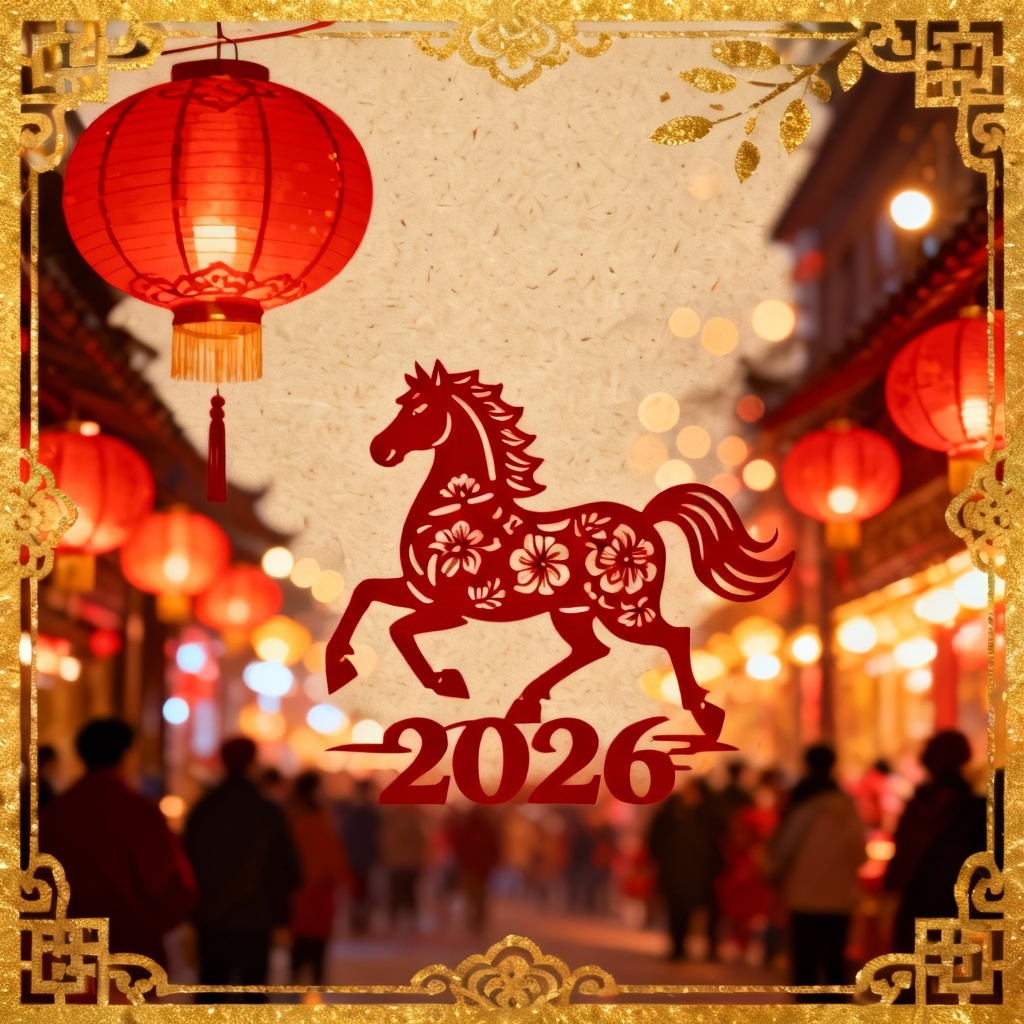 2026 New Year poster with Year of the Horse and lanterns
