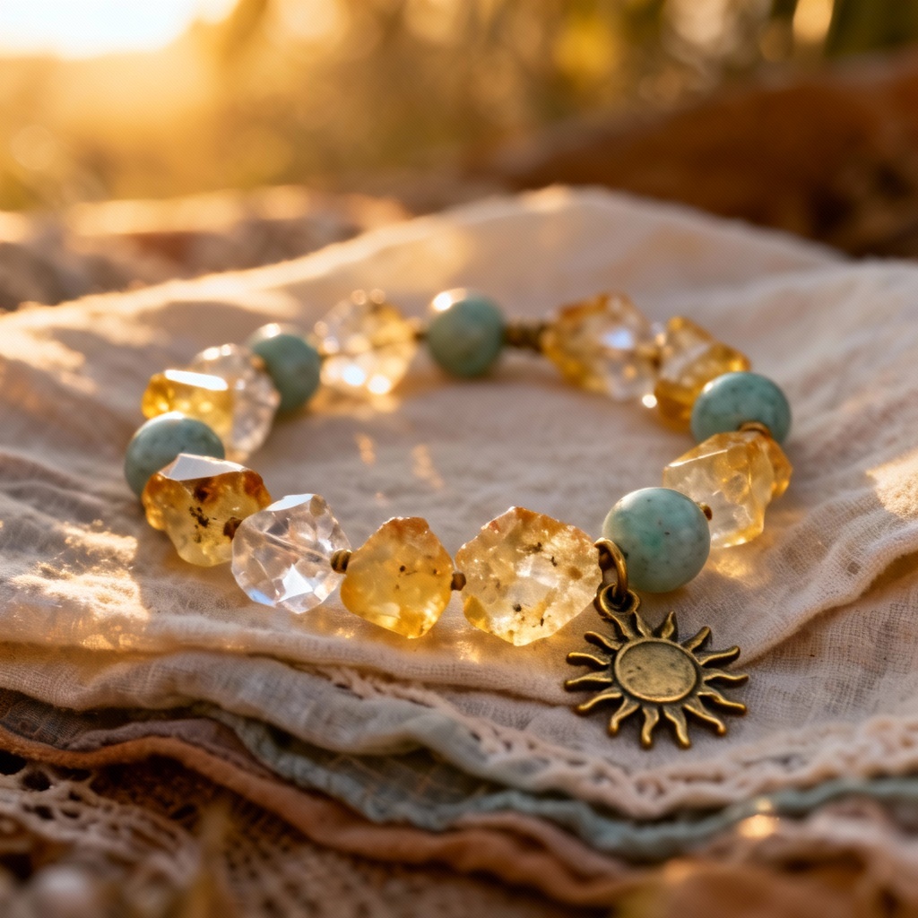 AI boho citrine crystal bracelet with sun charm