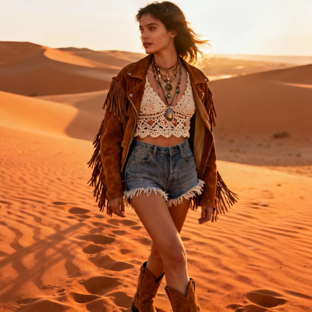 AI bohemian festival outfit in desert golden hour