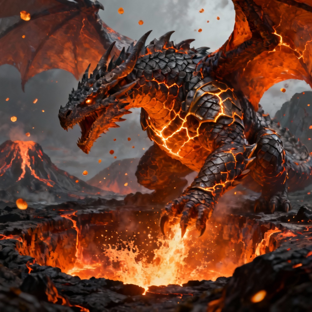 AI volcanic dragon colossus over lava
