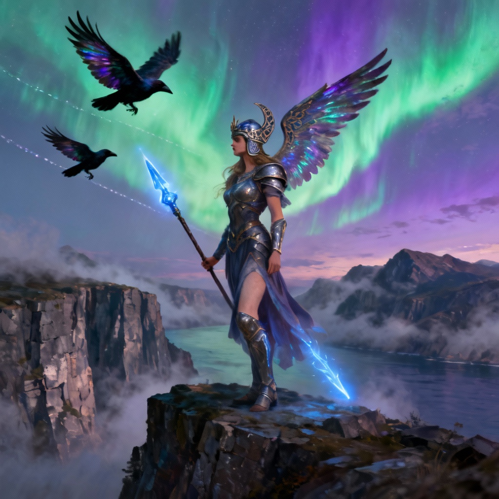 AI valkyrie hovering over fjord with ravens and glowing spear