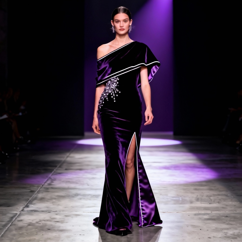 AI black velvet column gown with asymmetric drape