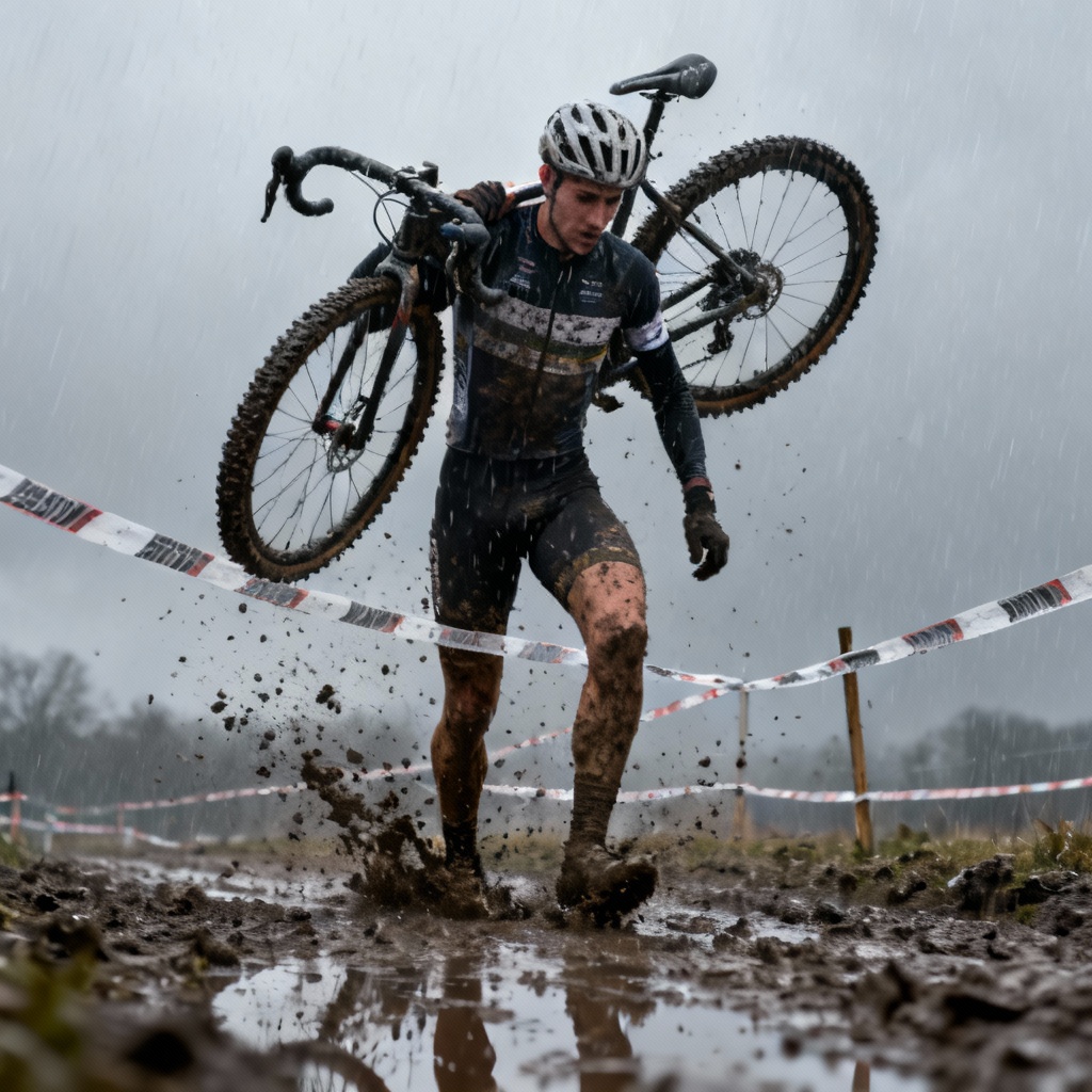 AI cyclocross racer sprinting through mud in the rain