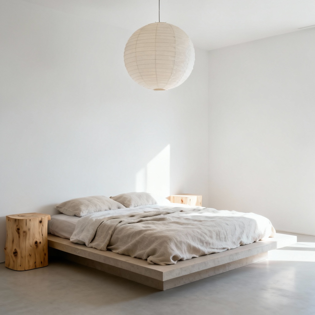 AI minimal bedroom photo with clean lines and diffused light