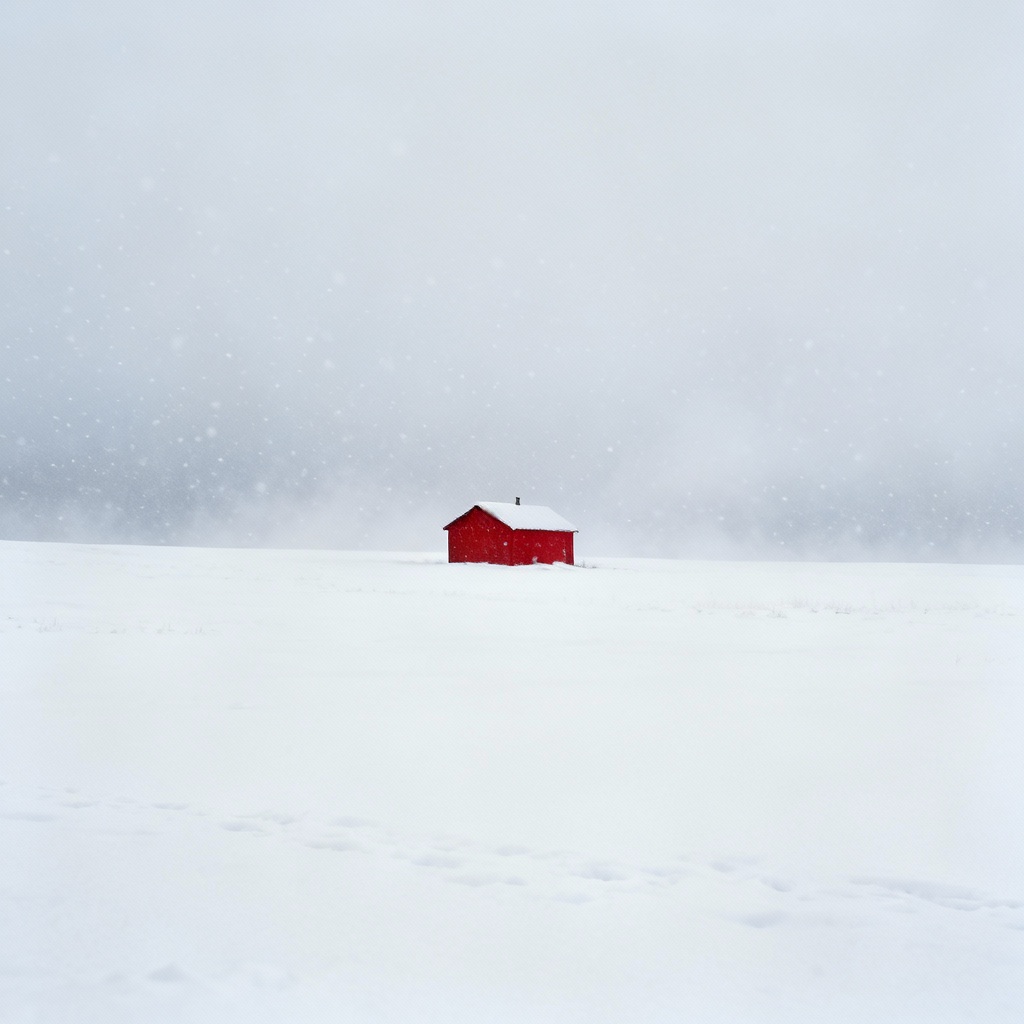 AI minimalist winter wonderland background with red cabin