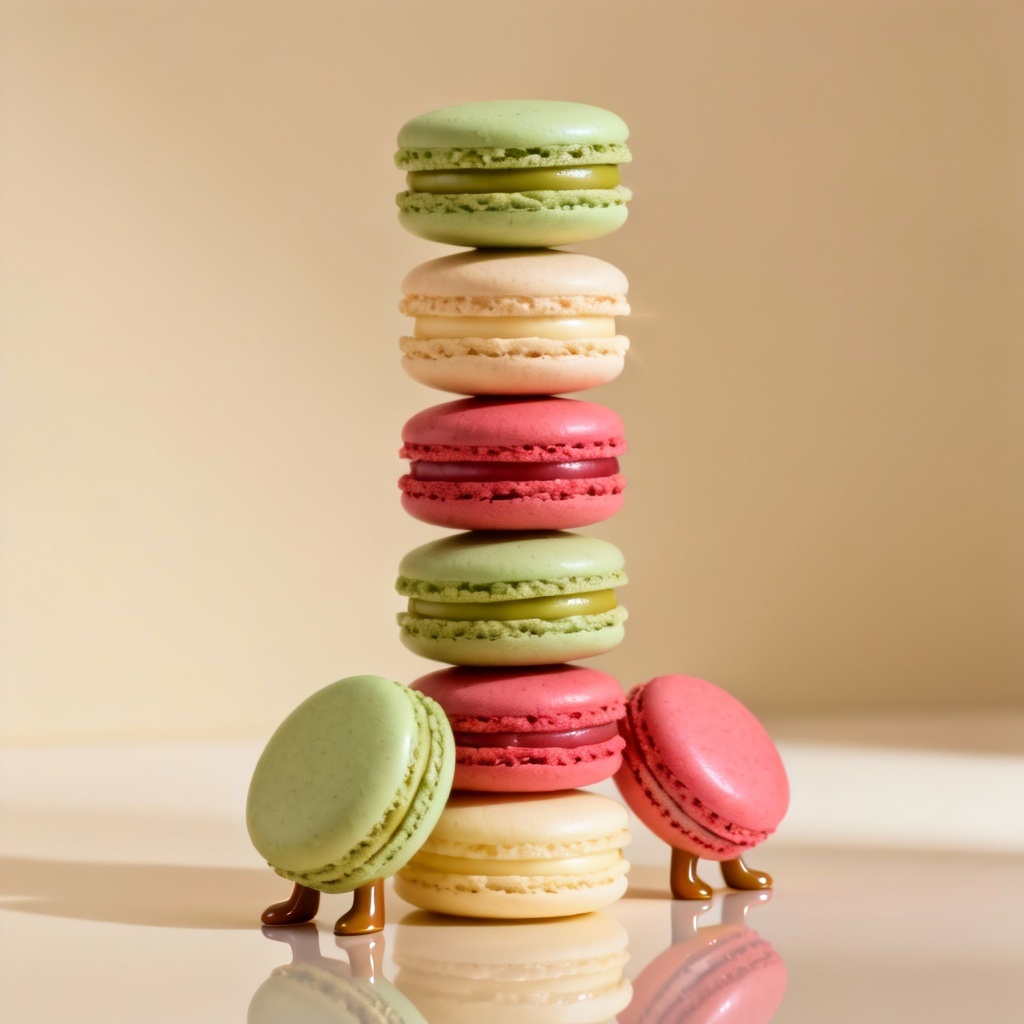 AI pastel macaron tower in soft studio light