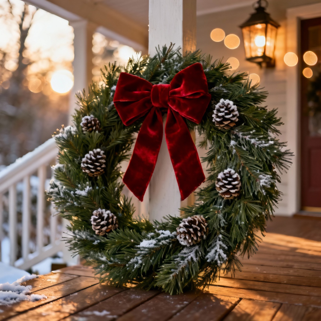 AI classic pine wreath with red bow and frosted cones