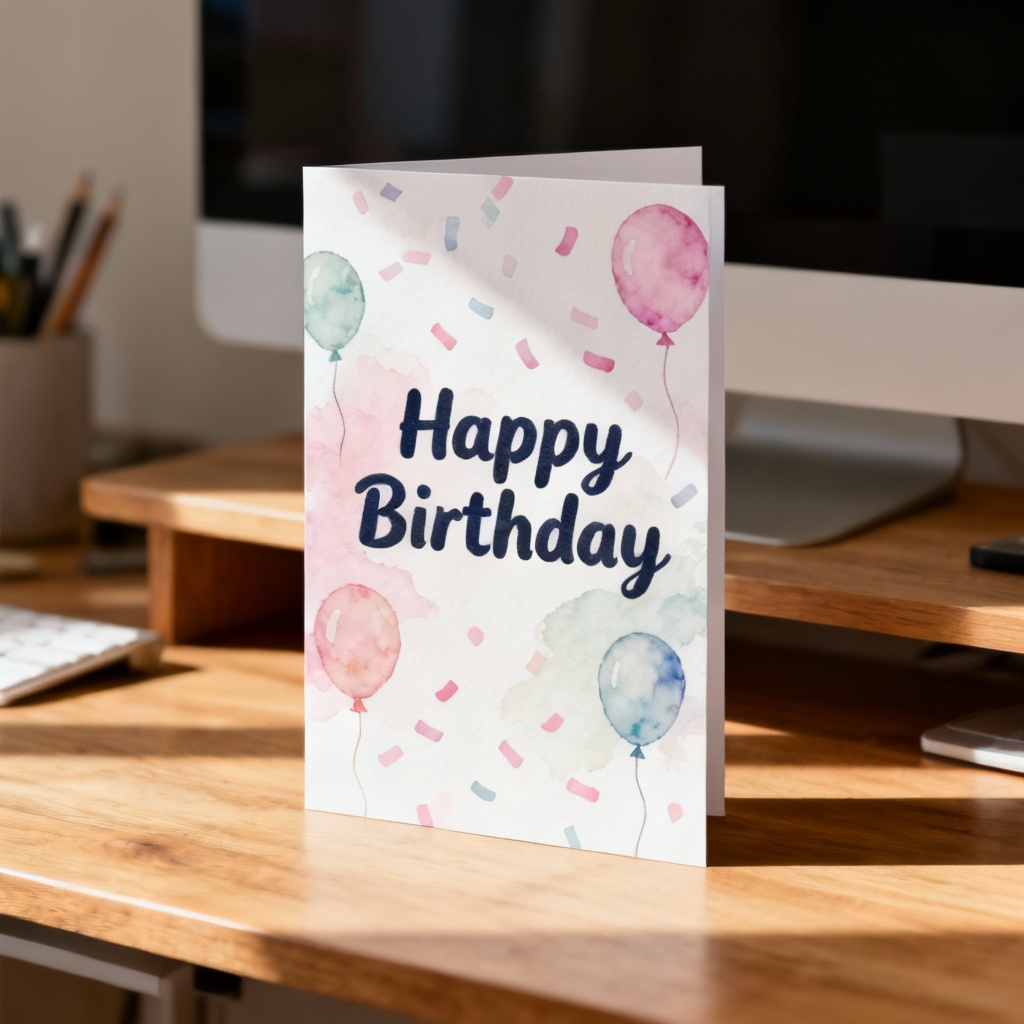 AI pastel confetti birthday card with playful typography and balloons