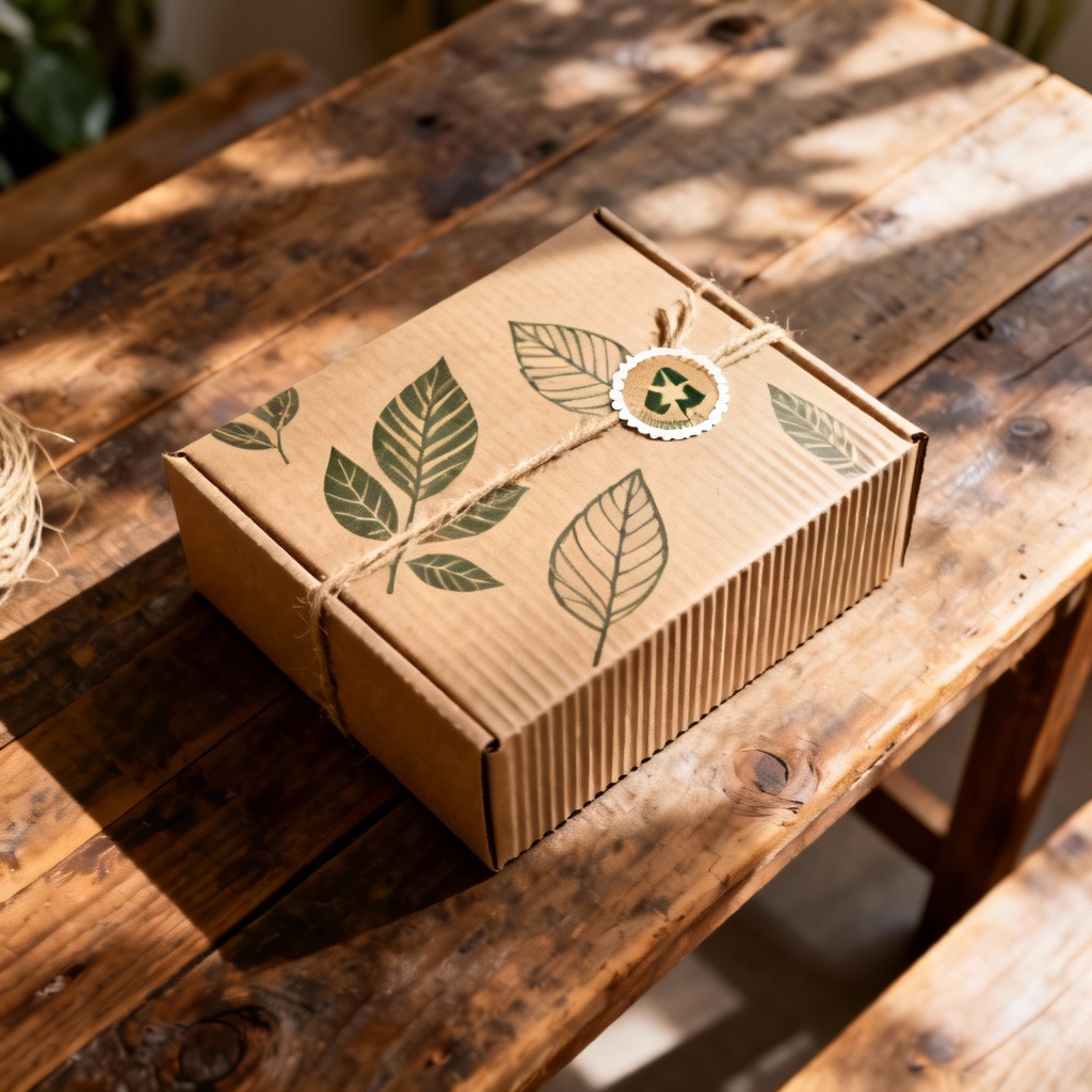 AI eco kraft subscription gift box on wooden table